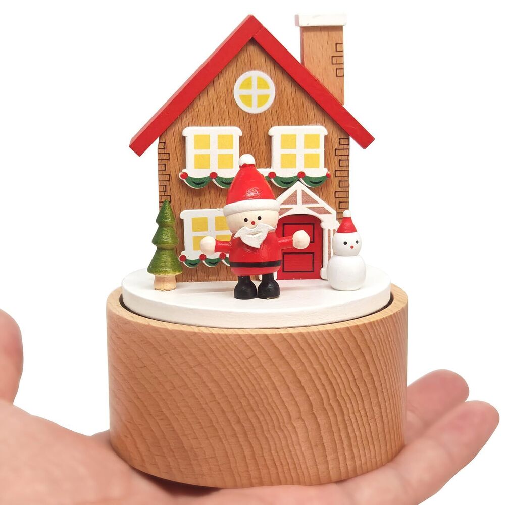 8277 Small Mini Christmas House Music Box, Palm Sized Christmas Room Wooden